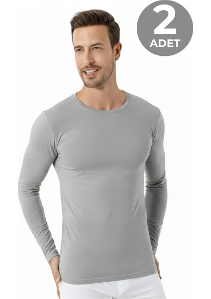 Erkek Gri Bisiklet Yaka Uzun Kollu Fanila Tişört 2'li Paket %100 Pamuk Penye