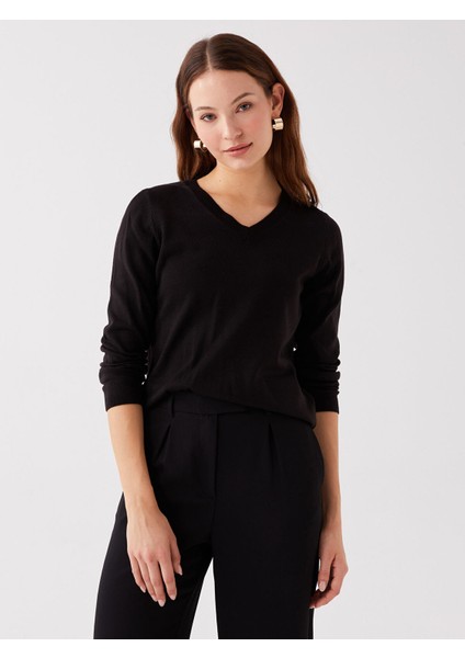 Yeni Sezon V Yaka Düz Uzun Kollu Kadın Triko Kazak