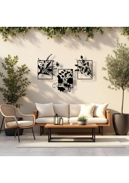 Metal Çiçekli Duvar Dekoru Seti – 3 Parça Modern Minimalist Ev Ofis Salon Metal Tablo Aksesuarı