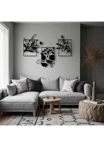 Metal Çiçekli Duvar Dekoru Seti – 3 Parça Modern Minimalist Ev Ofis Salon Metal Tablo Aksesuarı