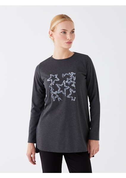 Yeni Sezon Bisiklet Yaka Nakışlı Uzun Kollu Kadın Bluz