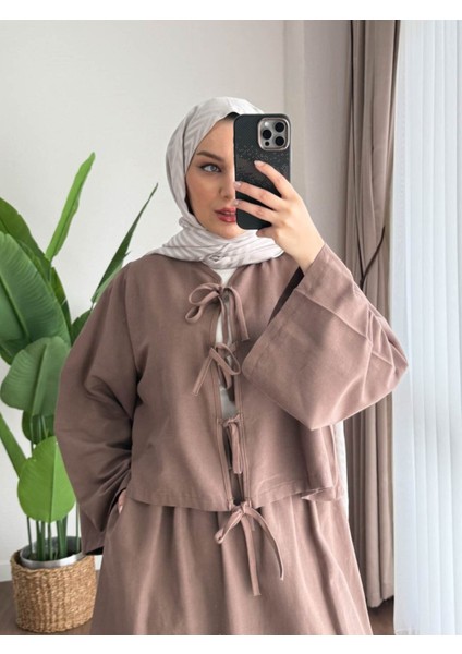 Kadın Önden Bağlamalı Keten Takım M2535 - Sütlü Kahverengi modelleri