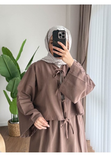 Kadın Önden Bağlamalı Keten Takım M2535 - Sütlü Kahverengi fırsatları