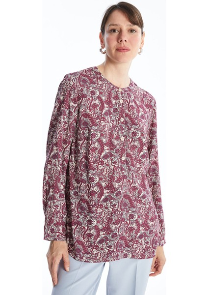 Yeni Sezon Bisiklet Yaka Desenli Uzun Kollu Kadın Bluz