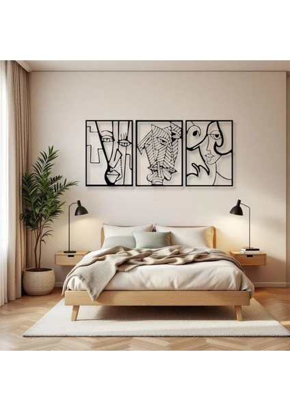 Soyut Yüz Figürü 3 Parça Metal Duvar Dekoru – Picasso Tarzı Modern Sanat