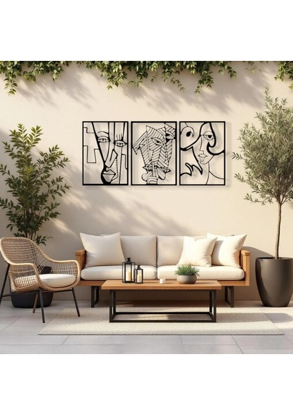 Soyut Yüz Figürü 3 Parça Metal Duvar Dekoru – Picasso Tarzı Modern Sanat