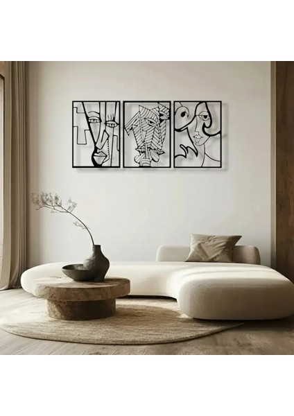 Soyut Yüz Figürü 3 Parça Metal Duvar Dekoru – Picasso Tarzı Modern Sanat