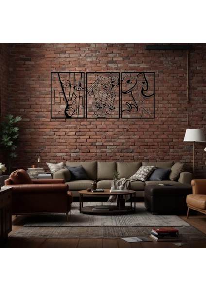 Soyut Yüz Figürü 3 Parça Metal Duvar Dekoru – Picasso Tarzı Modern Sanat