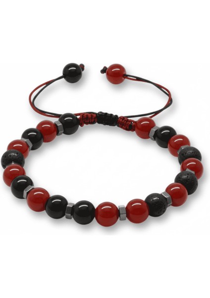 Makrome Örgülü Küre Kesim Kırmızı Siyah Akik Oniks Hematit Doğaltaş Erkek Taraftar Bileklik