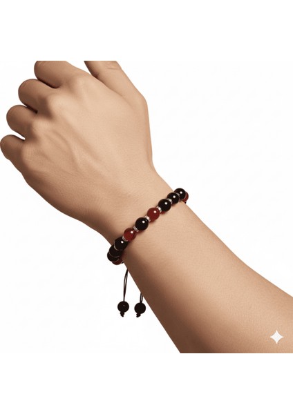 Makrome Örgülü Küre Kesim Kırmızı Siyah Akik Oniks Hematit Doğaltaş Erkek Taraftar Bileklik modelleri