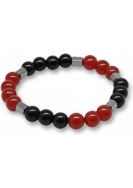 Küre Kesim Kırmızı Siyah Akik Oniks Hematit Doğaltaş Erkek Taraftar Bileklik