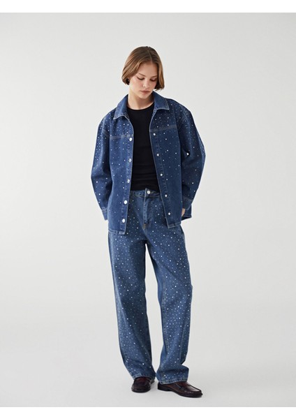 Yeni Sezon Straight Fit Taşlı Kadın Jean Pantolon