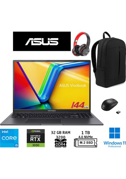 vivobook 16X K3605VC-RP461 Intel Core I5 13420H 24GB Ram 1tb SSD RTX3050 Windows 11 Pro 16" 144Hz Wuxga Duddi Çanta+Mouse+Kulaklık