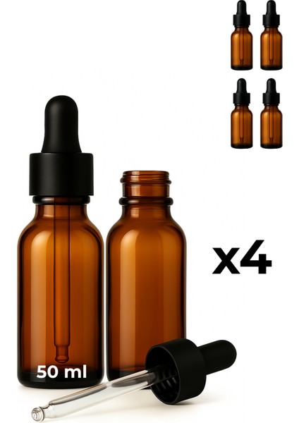 4’lü 50 ml Amber Cam Serum Şişesi + Siyah Metal Kapaklı Siyah Uçlu Damlalık