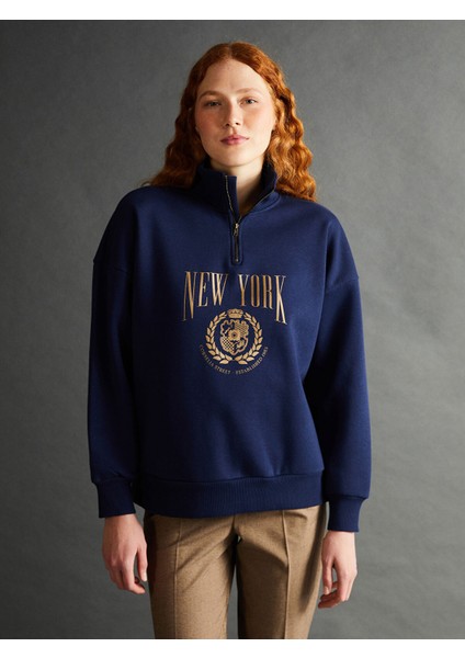 Yeni Sezon Dik Yaka Baskılı Oversize Kadın Kalın Sweatshirt