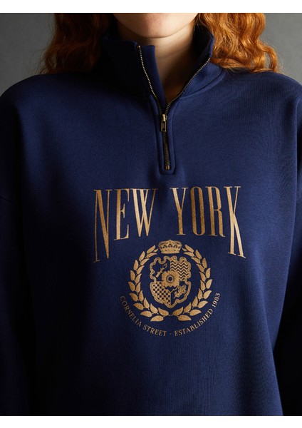 Yeni Sezon Dik Yaka Baskılı Oversize Kadın Kalın Sweatshirt modelleri