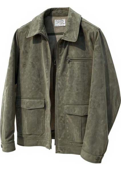 Erkek Haki Süet Görünümlü Cep Detaylı Mont