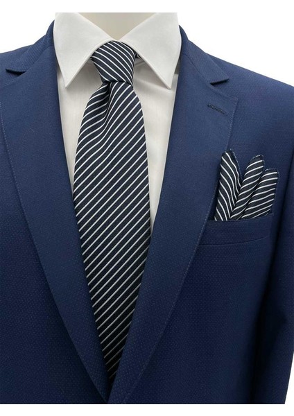 7.5 cm Lacivert Beyaz Çizgili Kravat Mendil Set
