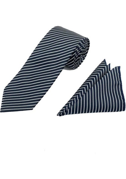 7.5 cm Lacivert Beyaz Çizgili Kravat Mendil Set fiyatları