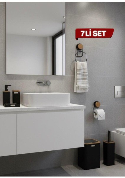 7 Parça Set Kare Mina Banyo Seti , Havluluk ve Wc Kağıtlık Siyah-Ahşap