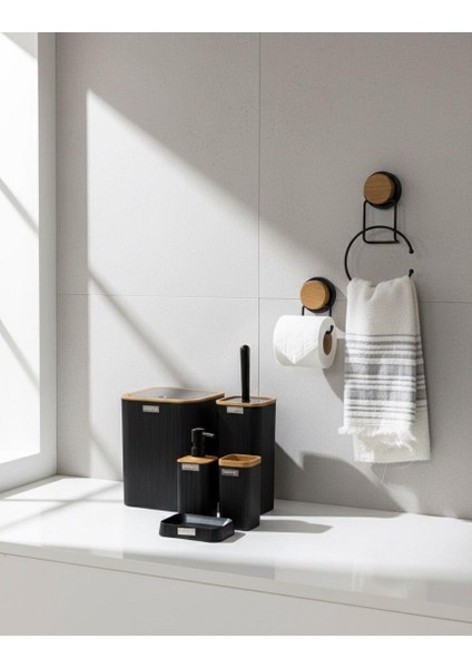 7 Parça Set Kare Mina Banyo Seti , Havluluk ve Wc Kağıtlık Siyah-Ahşap fiyatları