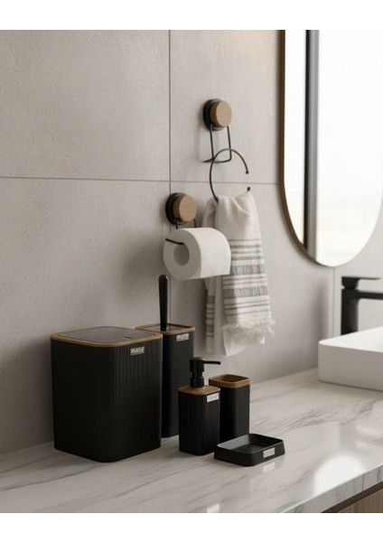 7 Parça Set Kare Mina Banyo Seti , Havluluk ve Wc Kağıtlık Siyah-Ahşap modelleri