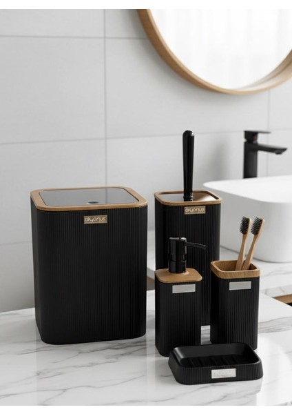 7 Parça Set Kare Mina Banyo Seti , Havluluk ve Wc Kağıtlık Siyah-Ahşap fırsatları