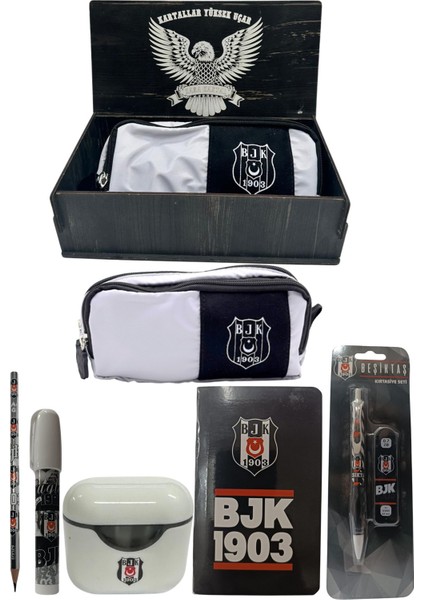 Beşiktaş Orjinal Lisanslı Beyaz Air Kalemtraş Ahşap Kutulu 6'lı Kırtasiye Seti
