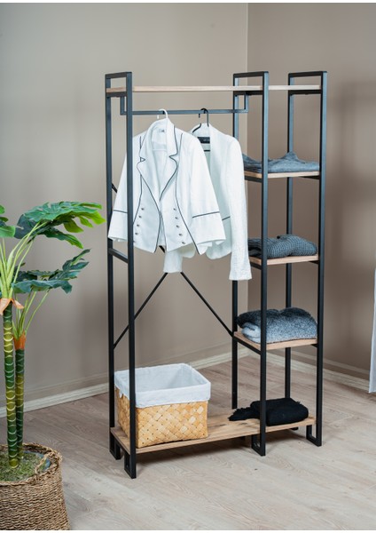 Açık Gardırop Metal Gövdeli Ahşap Raflı Elbise Askılığı Ayakkabılık Portmanto