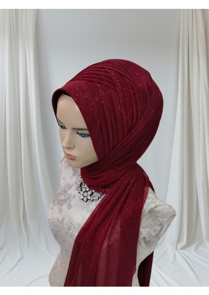 Simli Bordo 4lü Geçiş Hazır Türban Hazır Şal Abiye Şal