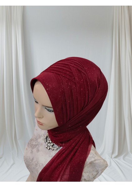 Simli Bordo 4lü Geçiş Hazır Türban Hazır Şal Abiye Şal fırsatları