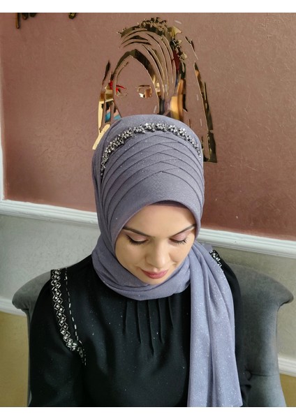 Aksesuarlı Koyu Gri Hazır Duvak Hazır Şal Hazır Türban fiyatları