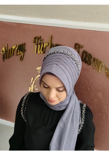 Aksesuarlı Koyu Gri Hazır Duvak Hazır Şal Hazır Türban modelleri