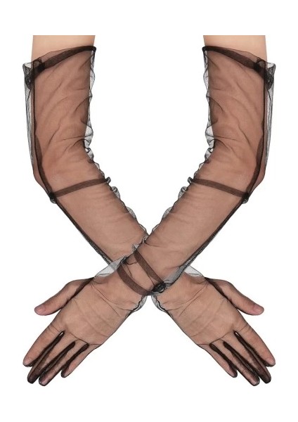 Uzun Boy Likralı Siyah Yetişkin Mega Tül Eldiven