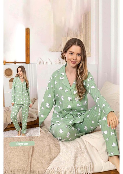 Kadın Kalp Desen Düğmeli Suprem Pijama Takımı 0381 Yeşil fırsatları