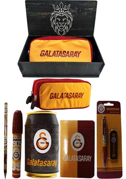 Galatasaray Orjinal Lisanslı Siyah Kutu Kalemtraş Ahşap Kutulu 6'lı Kırtasiye Seti