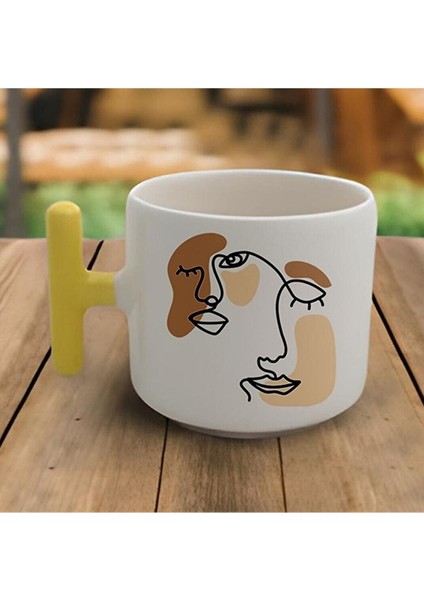 Kadın Yüz Çizimi Tasarımlı Sarı T Kulp Fincan Modelleri