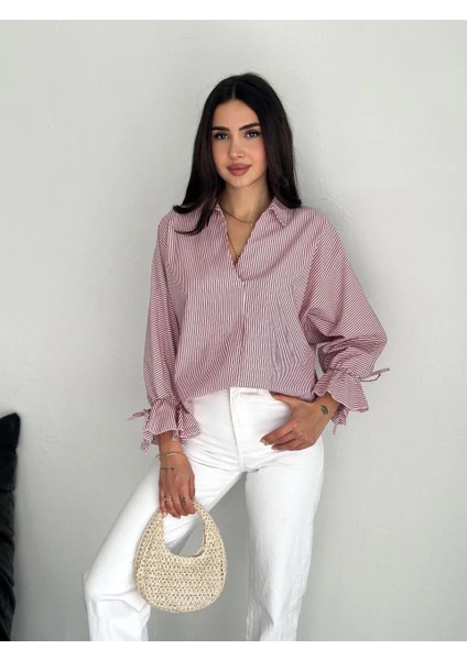 Kadın Arkası Asimetrik Yırtmaç Kesim Detaylı Cizgili Bluz Gömlek - Bordo modelleri