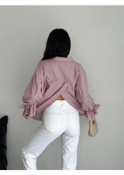 Kadın Arkası Asimetrik Yırtmaç Kesim Detaylı Cizgili Bluz Gömlek - Bordo indirimleri