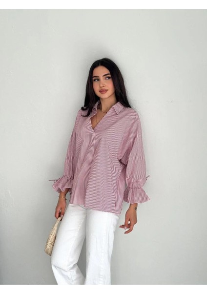 Kadın Arkası Asimetrik Yırtmaç Kesim Detaylı Cizgili Bluz Gömlek - Bordo