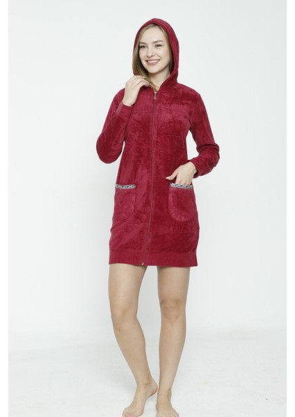 Kadın Uzun Kollu Kapüşonlu Soft Polar Cepli Fermuarlı Elbise