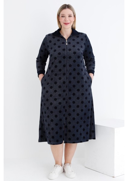 Kadın Puantiyeli Fermuarlı Cepli Pamuklu Kadife Büyük Beden Elbise
