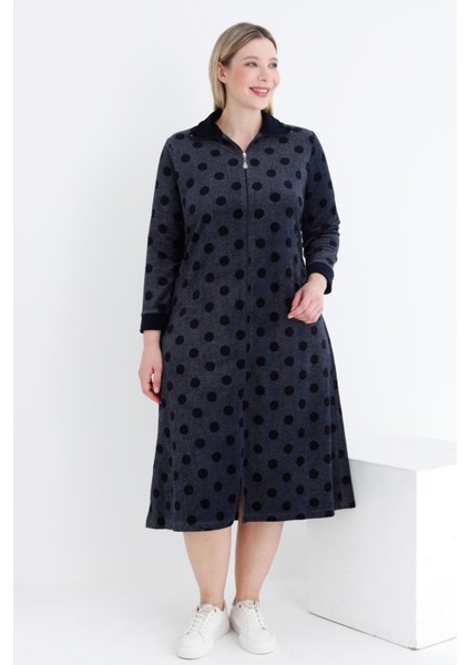Kadın Puantiyeli Fermuarlı Cepli Pamuklu Kadife Büyük Beden Elbise modelleri