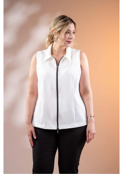 Kadın Büyük Beden Fermuarlı Kolsuz Beyaz Yelek