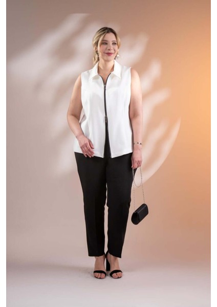 Kadın Büyük Beden Fermuarlı Kolsuz Beyaz Yelek fiyatları