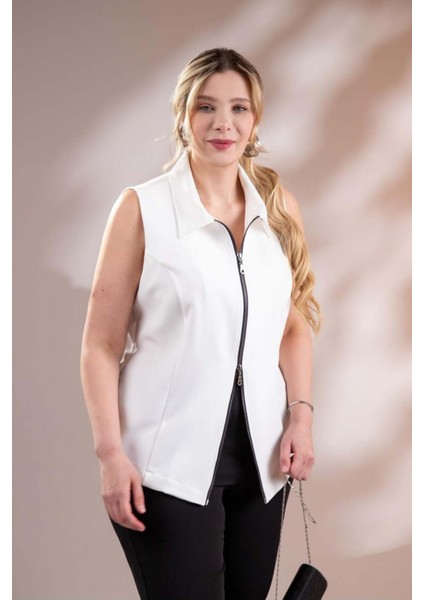 Kadın Büyük Beden Fermuarlı Kolsuz Beyaz Yelek modelleri