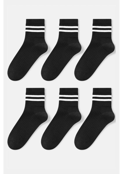 6 Çift Unisex Çizgili Kolej Çorap Siyah