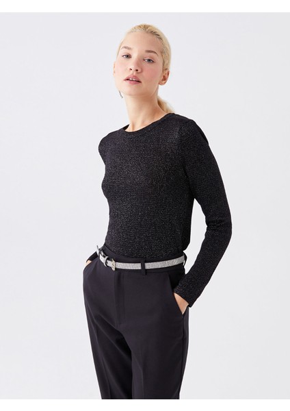 Yeni Sezon Bisiklet Yaka Parlak Görünümlü Kadın Triko Kazak