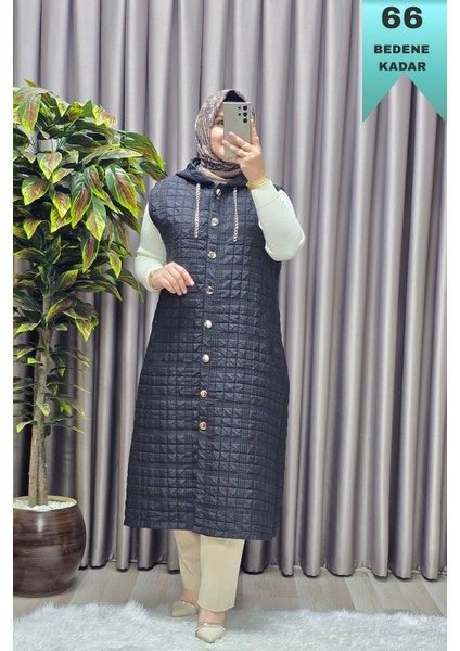 Kadın Giyim Büyük Beden Kapşonlu Astarlı Kare Desen Yelek