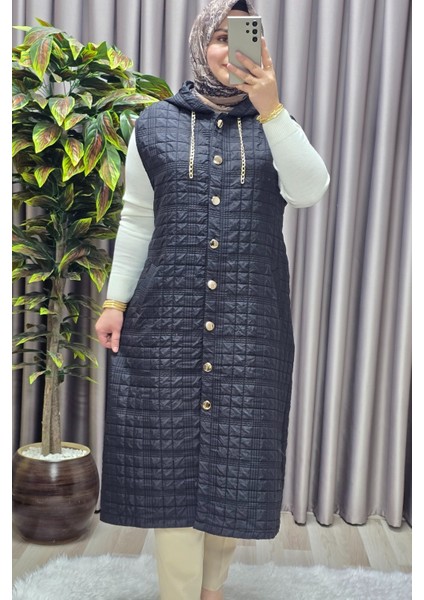 Kadın Giyim Büyük Beden Kapşonlu Astarlı Kare Desen Yelek fırsatları